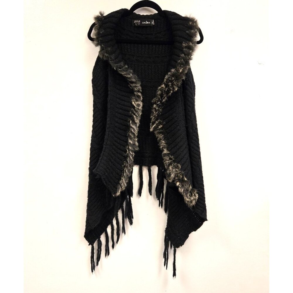 Mohair Wool Blend Y2K  Black Knit Fringe Vest Faux Fur Trim By Yag Couture ML